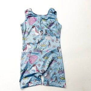 Girls Blue Unicorn Castle Princess Print Gymnastics Leotard Shimmer Metallic